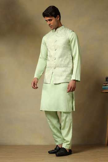 Buy Pomcha Jaipur Green Silk Chaap Brocade Bundi Kurta Set Online at Aza Fashions Buy_Pomcha Jaipur_Green Silk Chaap Brocade Bundi Kurta Set _Online_at_Aza_Fashions