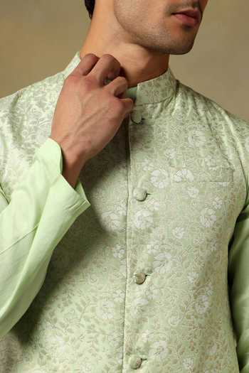 Shop Pomcha Jaipur Green Silk Chaap Brocade Bundi Kurta Set Online at Aza Fashions Shop_Pomcha Jaipur_Green Silk Chaap Brocade Bundi Kurta Set _Online_at_Aza_Fashions