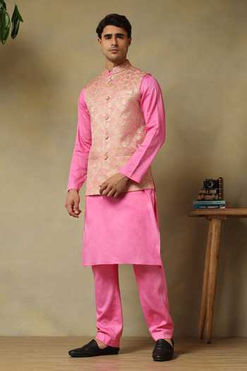 Pomcha Jaipur Pink Silk Zari Chaap Brocade Bundi Kurta Set Online at Aza Fashions Pomcha Jaipur_Pink Silk Zari Chaap Brocade Bundi Kurta Set _Online_at_Aza_Fashions