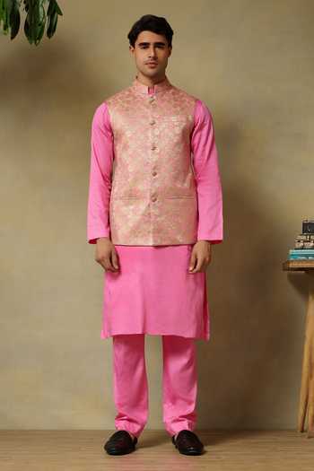 Buy Pomcha Jaipur Pink Silk Zari Chaap Brocade Bundi Kurta Set Online at Aza Fashions Buy_Pomcha Jaipur_Pink Silk Zari Chaap Brocade Bundi Kurta Set _Online_at_Aza_Fashions