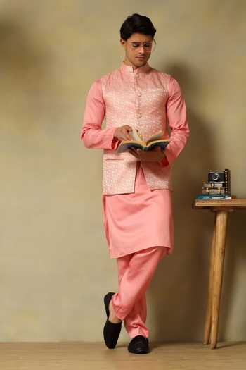Pomcha Jaipur Chaap Brocade Bundi Kurta Set  