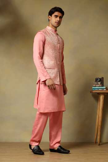 Buy Pomcha Jaipur Pink Silk Zari Chaap Brocade Bundi Kurta Set Online at Aza Fashions Buy_Pomcha Jaipur_Pink Silk Zari Chaap Brocade Bundi Kurta Set _Online_at_Aza_Fashions