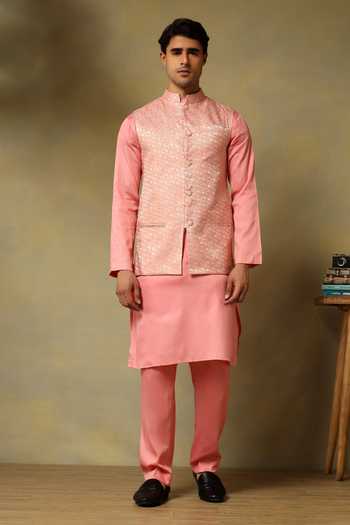 Shop Pomcha Jaipur Pink Silk Zari Chaap Brocade Bundi Kurta Set Online at Aza Fashions Shop_Pomcha Jaipur_Pink Silk Zari Chaap Brocade Bundi Kurta Set _Online_at_Aza_Fashions