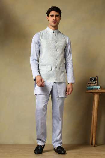 Buy_Pomcha Jaipur_White Silk Zari Chaap Brocade Bundi And Kurta Set _Online_at_Aza_Fashions