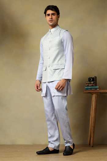 Shop_Pomcha Jaipur_White Silk Zari Chaap Brocade Bundi And Kurta Set _Online_at_Aza_Fashions