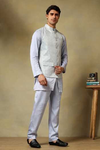 Pomcha Jaipur_White Silk Zari Chaap Brocade Bundi And Kurta Set _at_Aza_Fashions