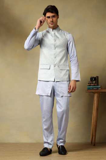 Pomcha Jaipur Chaap Brocade Bundi & Kurta Set 