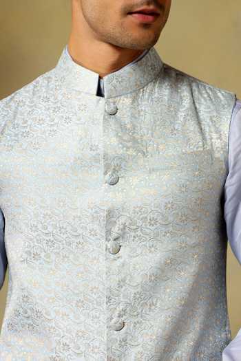 Shop_Pomcha Jaipur_White Silk Zari Chaap Brocade Bundi And Kurta Set 