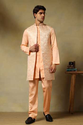 Pomcha Jaipur Chaap Sleeveless Longline Bundi & Kurta Set 