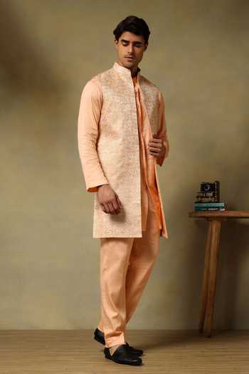 Buy_Pomcha Jaipur_Peach Silk Chaap Sleeveless Longline Bundi And Kurta Set _Online_at_Aza_Fashions