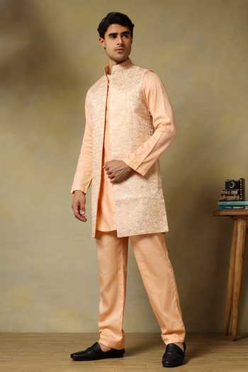 Shop_Pomcha Jaipur_Peach Silk Chaap Sleeveless Longline Bundi And Kurta Set _Online_at_Aza_Fashions