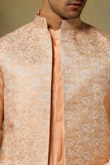 Buy_Pomcha Jaipur_Peach Silk Chaap Sleeveless Longline Bundi And Kurta Set 