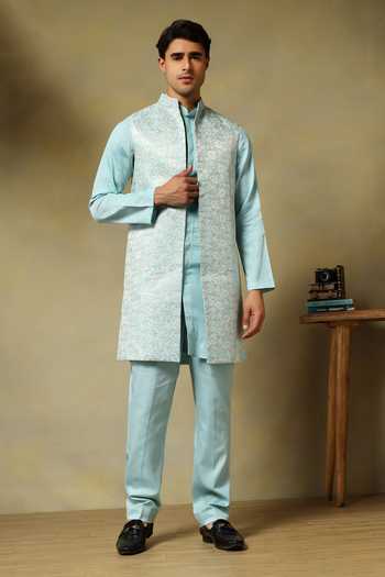 Buy Pomcha Jaipur Aqua Silk Zari Chaap Floral Woven Bundi And Kurta Set Online at Aza Fashions Buy_Pomcha Jaipur_Aqua Silk Zari Chaap Floral Woven Bundi And Kurta Set _Online_at_Aza_Fashions