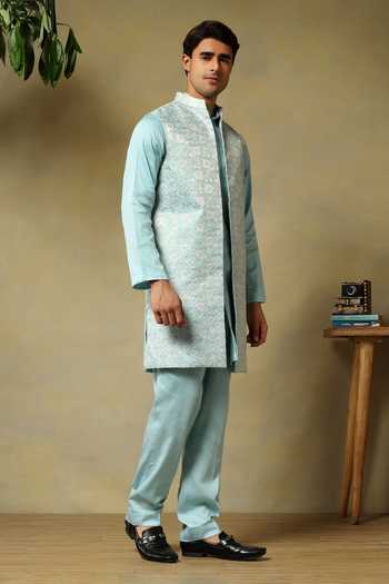 Shop Pomcha Jaipur Aqua Silk Zari Chaap Floral Woven Bundi And Kurta Set Online at Aza Fashions Shop_Pomcha Jaipur_Aqua Silk Zari Chaap Floral Woven Bundi And Kurta Set _Online_at_Aza_Fashions