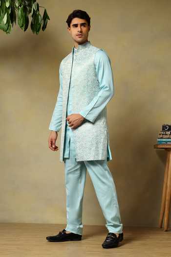 Pomcha Jaipur Aqua Silk Zari Chaap Floral Woven Bundi And Kurta Set at Aza Fashions Pomcha Jaipur_Aqua Silk Zari Chaap Floral Woven Bundi And Kurta Set _at_Aza_Fashions