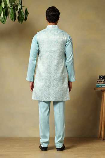 Pomcha Jaipur Chaap Floral Woven Bundi & Kurta Set 