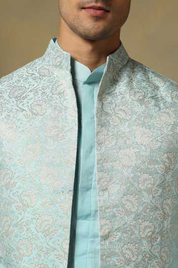 Buy Pomcha Jaipur Aqua Silk Zari Chaap Floral Woven Bundi And Kurta Set Buy_Pomcha Jaipur_Aqua Silk Zari Chaap Floral Woven Bundi And Kurta Set
