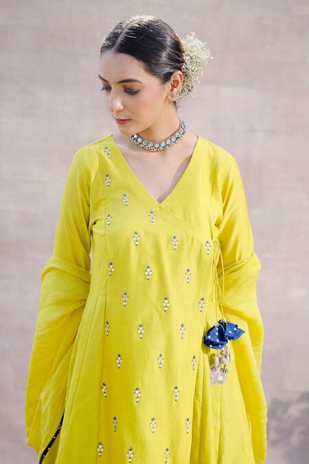 Shop Label Mansi Nagdev Green Chanderi Silk Embroidery, Mirrors V-neck Afsheen Angrakha Sharara Set Online at Aza Fashions Shop_Label Mansi Nagdev_Green Chanderi Silk Embroidery, Mirrors V-neck Afsheen Angrakha Sharara Set _Online_at_Aza_Fashions