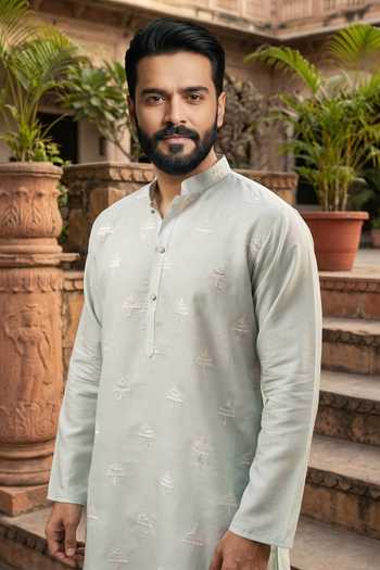 Buy_Jhambthreads_Blue Silk Embroidery Straight Kurta And Pyjama Set _Online_at_Aza_Fashions