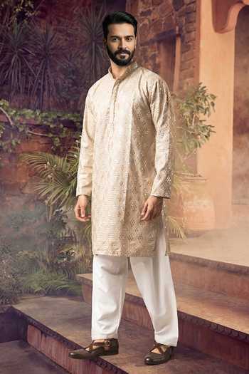 Buy_Jhambthreads_Beige Viscose, Silk Embroidery, Zari Kurta And Pyjama Set _Online_at_Aza_Fashions