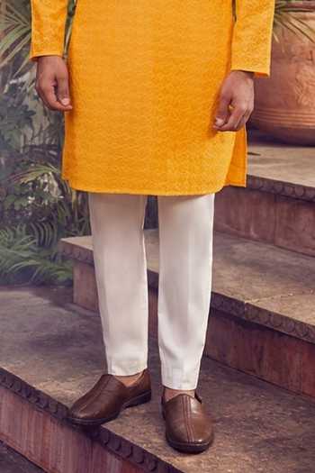 Shop_Jhambthreads_Yellow Cotton, Silk Embroidery, Sequins Kurta And Pant Set _Online_at_Aza_Fashions