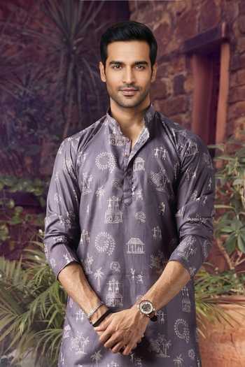Shop Jhambthreads Purple Silk, Cotton Printed Kurta And Pyjama Set Online at Aza Fashions Shop_Jhambthreads_Purple Silk, Cotton Printed Kurta And Pyjama Set _Online_at_Aza_Fashions