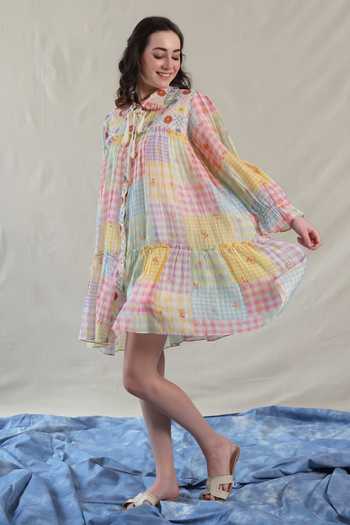 Dhaari_Multi Color Silk, Cotton Collared Handwoven Short Dress And Slip Set _Online_at_Aza_Fashions