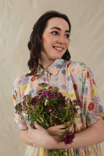 Dhaari_Multi Color Silk, Cotton Collared Floral Handwoven Dress And Slip Set _Online_at_Aza_Fashions