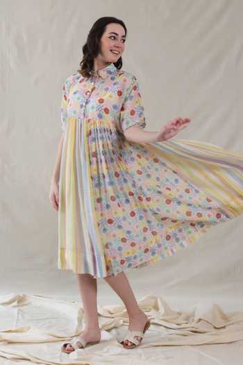 Buy_Dhaari_Multi Color Silk, Cotton Collared Floral Handwoven Dress And Slip Set _Online_at_Aza_Fashions