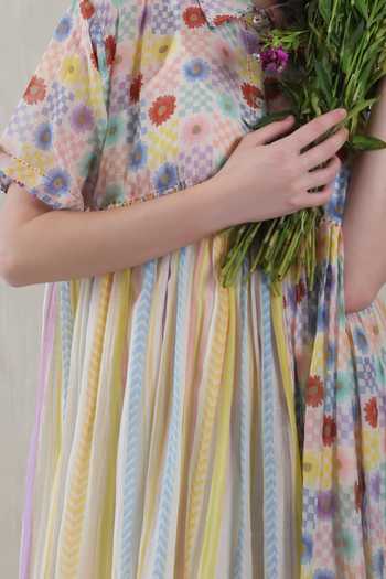 Shop_Dhaari_Multi Color Silk, Cotton Collared Floral Handwoven Dress And Slip Set _Online_at_Aza_Fashions