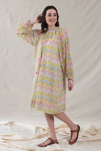 Buy_Dhaari_Multi Color Silk, Cotton High Neck Handwoven Dress And Slip Set _Online_at_Aza_Fashions