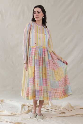 Dhaari_Multi Color Silk Round Neck Handwoven Cotton Dress And Slip Set _Online_at_Aza_Fashions