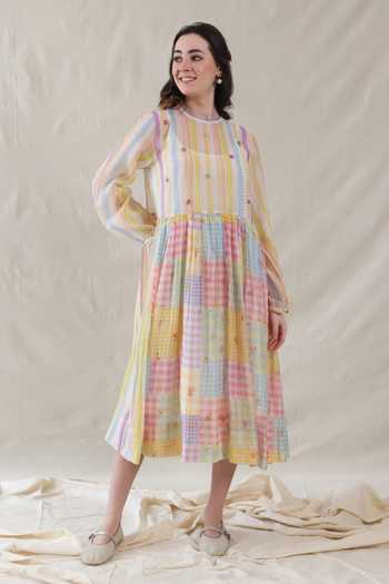 Buy_Dhaari_Multi Color Silk Round Neck Handwoven Cotton Dress And Slip Set _Online_at_Aza_Fashions