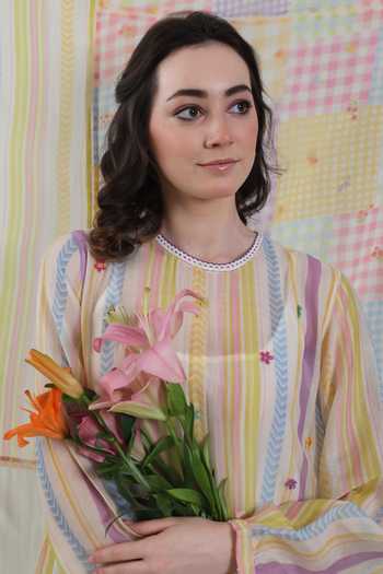 Shop_Dhaari_Multi Color Silk Round Neck Handwoven Cotton Dress And Slip Set _Online_at_Aza_Fashions