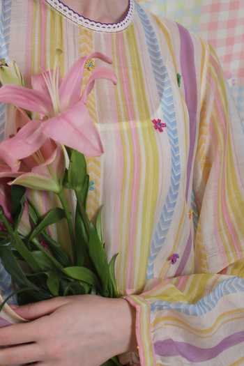 Dhaari_Multi Color Silk Round Neck Handwoven Cotton Dress And Slip Set _at_Aza_Fashions