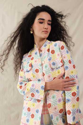 Dhaari Multi Color Silk, Cotton Hand Painted Floral Handwoven Jacket Online at Aza Fashions Dhaari_Multi Color Silk, Cotton Hand Painted Floral Handwoven Jacket _Online_at_Aza_Fashions
