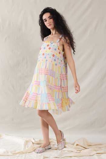 Dhaari_Multi Color Silk, Cotton Square Neck Hand Painted Midi Handwoven Dress _Online_at_Aza_Fashions