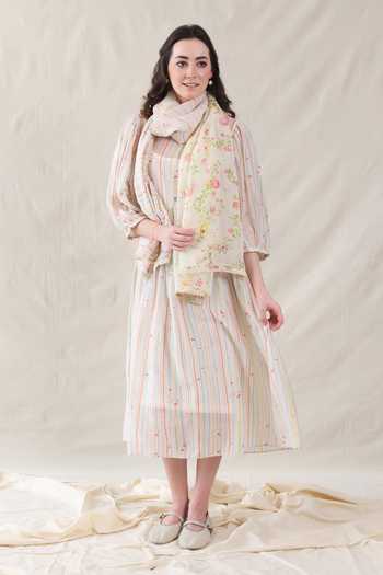 Dhaari_Off White Silk, Cotton Round Neck Hand Painted Striped Dress And Slip Set _Online_at_Aza_Fashions