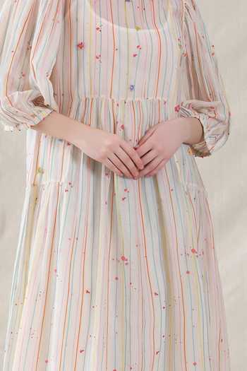 Buy_Dhaari_Off White Silk, Cotton Round Neck Hand Painted Striped Dress And Slip Set _Online_at_Aza_Fashions