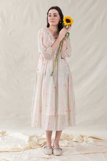 Shop_Dhaari_Off White Silk, Cotton Round Neck Hand Painted Striped Dress And Slip Set _Online_at_Aza_Fashions