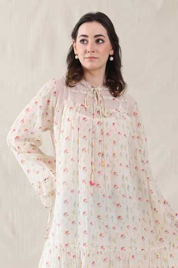 Dhaari_Off White Silk, Cotton High Neck Handwoven Dress And Slip Set _Online_at_Aza_Fashions