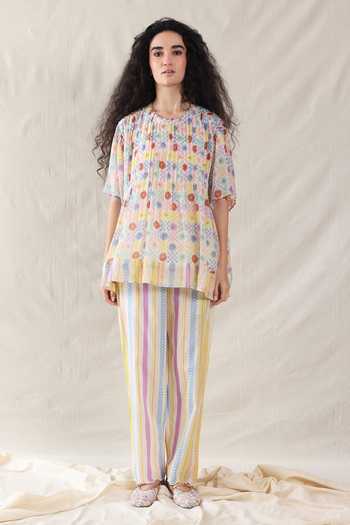 Dhaari_Multi Color Silk, Cotton Round Neck Handwoven Top And Slip Set _Online_at_Aza_Fashions