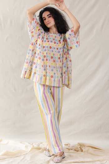 Buy_Dhaari_Multi Color Silk, Cotton Round Neck Handwoven Top And Slip Set _Online_at_Aza_Fashions