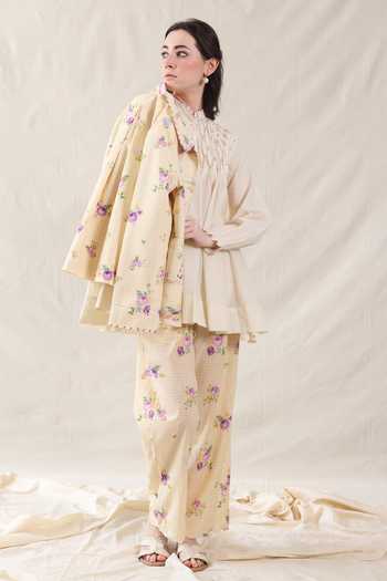 Dhaari_Off White Silk, Cotton Mandarin Collar Handwoven Top And Slip Set _Online_at_Aza_Fashions