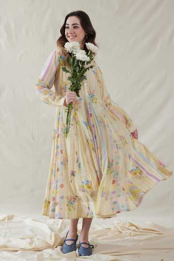 Buy_Dhaari_Off White Silk, Cotton Mandarin Collar Handwoven Dress And Slip Set _Online_at_Aza_Fashions