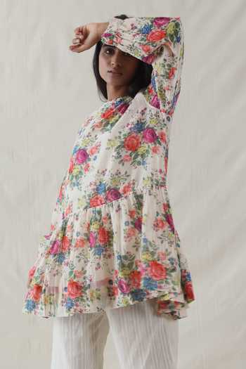 Dhaari_Multi Color Silk, Cotton Round Neck Floral Print Handwoven Top And Slip Set _Online_at_Aza_Fashions