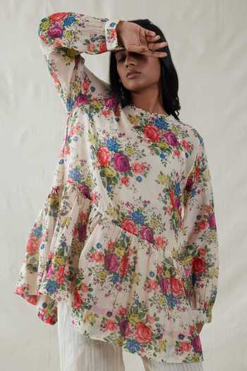 Buy_Dhaari_Multi Color Silk, Cotton Round Neck Floral Print Handwoven Top And Slip Set _Online_at_Aza_Fashions