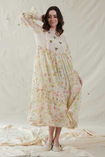 Dhaari_Pink Silk, Cotton High Neck Handwoven Dress And Slip Set _Online_at_Aza_Fashions