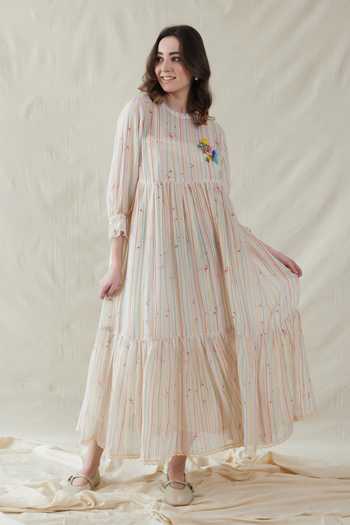 Dhaari_Off White Silk, Cotton Round Neck Handwoven Dress And Slip Set _Online_at_Aza_Fashions