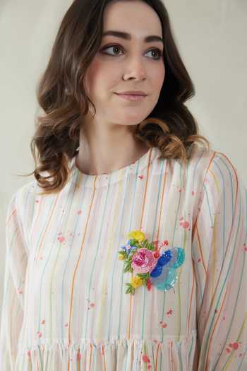 Buy_Dhaari_Off White Silk, Cotton Round Neck Handwoven Dress And Slip Set _Online_at_Aza_Fashions